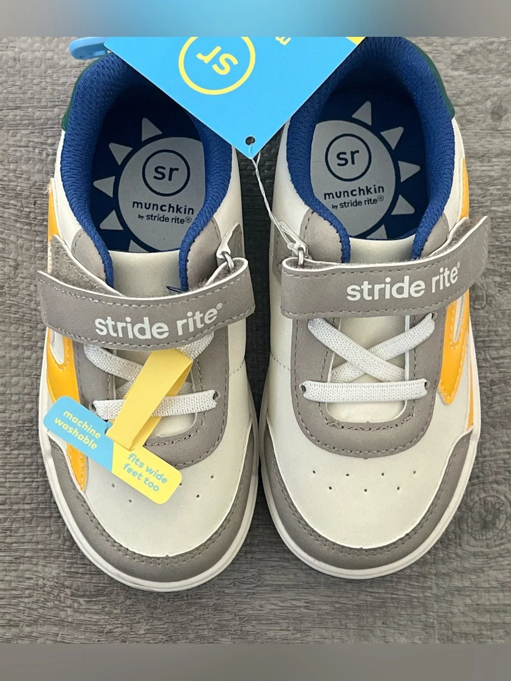 Stride Rite Munchkin Gray/White/Yellow/Green Hook & Loop Low Top Wide Washable